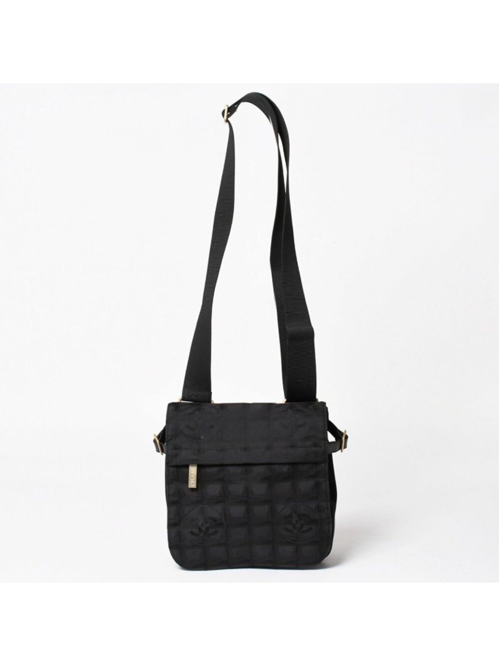 Chanel New Travel Line Messenger Bag Nylon Jacquard Leather Gold
